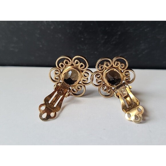 12K Gold Filled Winard Oval Cut Smoky Quartz Floral Clip-On Earrings Vintage - Picture 6 of 10